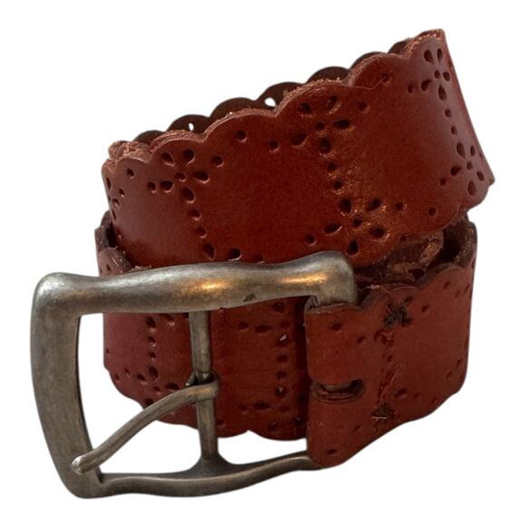 Fossil Genuine Leather Belt Cutout Scalloped Belt / VTG Y2K Boho Belt Sz L - Picture 1 of 4
